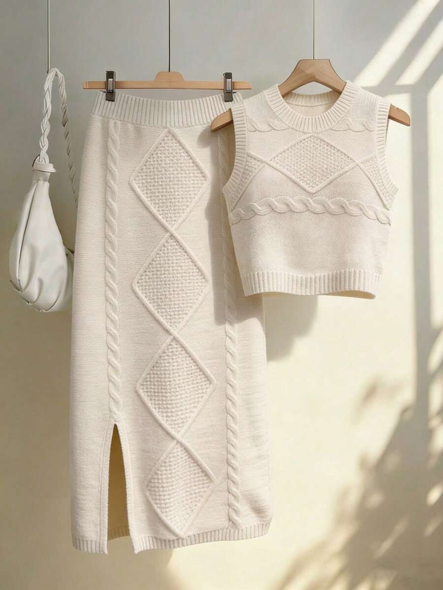 Women's Casual Elegant Fashion Commute Comfortable Office Vintage Lady Solid Color Cable Knit Sleeveless Top & Midi/Maxi Skirt Set, Suitable For Daily, Date, Beach, Early Spring/Autumn - Apricot - View 1