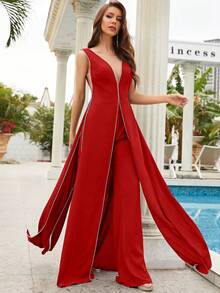 Diamond Chain Decor Deep V-Neck Sleeveless Split Leg High-End Formal Jumpsuit - Red - View 4