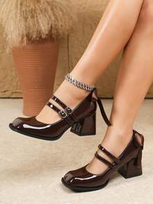 Giày cao gót nữ cỡ lớn thanh lịch, gợi cảm, kiểu dáng sang trọng, mũi vuông, đế dày, thích hợp dự tiệc, giày cao gót công sở mũi vuông gợi cảm, giày búp bê Lolita Mary Jane màu nâu. - màu nâu - Xem 4