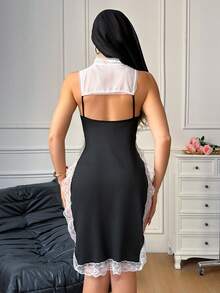 Set de 3 piezas de lencería sexy de monja con diseño calado para mujer, disfraz de tentación e intimidad, para rave - Negro - Ver 5