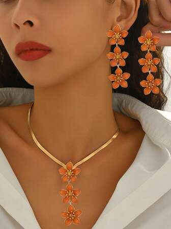 2pcs/Set New Creative Minimalist Floral Drop Oil Fashion Elegant Everyday Versatile Long Earrings & Necklace Set