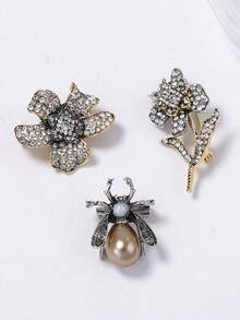 Elegante y lujoso set de broches de flor y insecto de diseño de alta gama con combinación de aleación y cristales de rhinestone para mujeres - Broche de flores e insectos - Ver 2