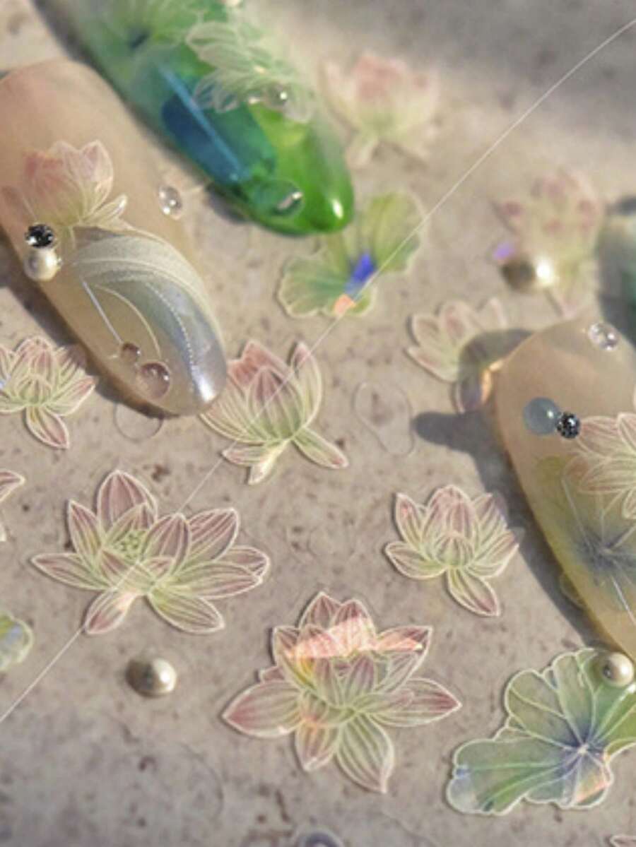 1pc Blooming Lotus With Pearls Gradient Unfolding Petals Press-On Nail Stickers 5D Nail Art Botanical Enchanting Oriental False Nails For Women's Sophisticated DIY Manicure Decals