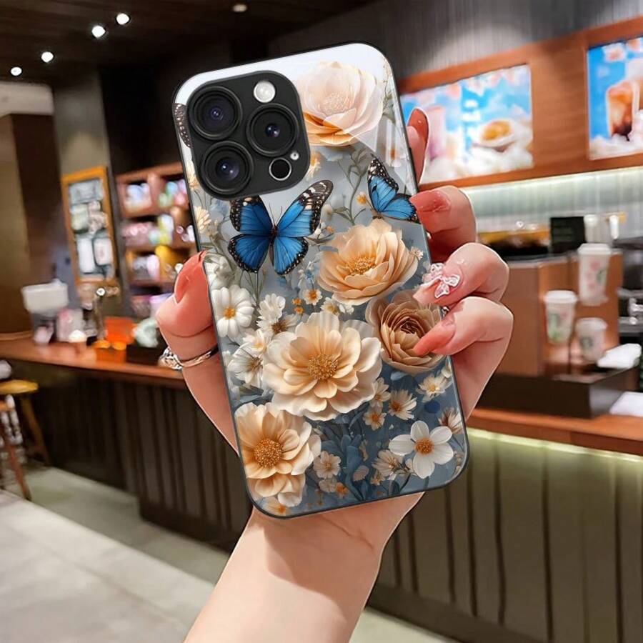 Funda de Teléfono con Patrón de Mariposa Azul y Rosa, Adecuada para iPhone 16/16Pro/16ProMax/16Plus/15/15Plus/15Pro/15ProMax, 14/14Plus/14Pro/14ProMax, 13/13Pro/13ProMax, 12/12Pro/12ProMax, 11/11Pro/11ProMax, 7/1335Plus, XR/Xs/XsMax, Funda Protectora de Vidrio Templado de Cobertura Completa Antigolpes, Accesorios para Teléfono, Diseño Floral, Material a Prueba de Golpes, Diseño Impreso UV, Funda Protectora Ligera, Entusiastas de la Moda - Colores mixtos - Ver 1
