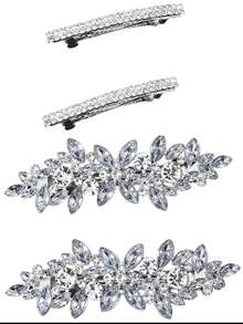 1 Set (4pcs) Fashionable Minimalist Rhombus Crystal Zinc Alloy & Pearl Hair Clips, Bridal Wedding Party Headpiece, Claw Clips, Hair Barrettes - Silver - View 4