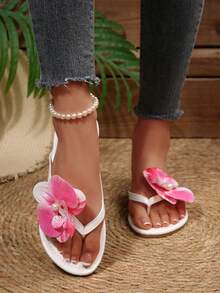 2025新款加大码夏季韩版时尚蝴蝶兰欧式人造花装饰平底人字拖，休闲创意凉鞋，仙女风度假拖鞋，简约性感小众百搭沙滩度假凉鞋 - 白色 - 查看 4