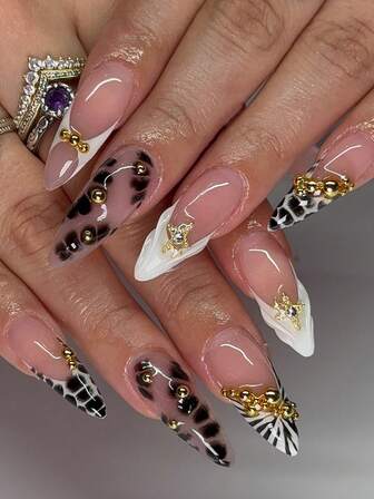 24 PIEZAS Uñas postizas cortas de almendra blancas, francesas, de leopardo negro, estrella simple, puntiagudas, arte de uñas lindo con aleación de cromo, acrílico, uñas de gel, suministros de arte de uñas, set de uñas (incluye: 1 pieza de gel de gelatina y lima) adecuado para uso diario, citas y fiestas de mujeres