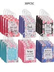 可重复使用的礼品袋，印有圣经经文和花卉图案，基督教洗礼手柄纸质礼品袋，适合女性、婚礼、生日礼物包装 - 混色 - 查看 10