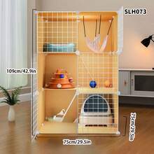 Yellow Cat Cage, Wooden Cat Villa, Freestanding Pet Cage With Iron Wire, Home Cat House