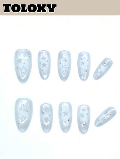 10pcs High Quality Press-On Almond Short Nails, Blue Manicure, With 3pcs Nail Tools, Nail Glue And Accessories, Acrylic Press-On Nails, Suitable For Women And Girls For Party, Travel, School And Daily Wear, Summer Nails, Travel, Vacation, Music Festival Nail Supplies