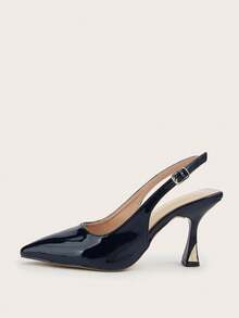 Navy Blue Glossy Electroplated Combination Heel Decorated Pointed Toe High Heel Pumps, Suitable For Daily Wear, Banquet, Party, Fashion Versatile - Navy Blue - View 4
