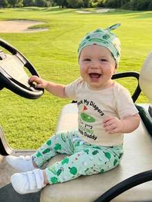 Conjunto de golf para bebé recién nacido de 0 a 12 meses: Empaquetando mis pañales, quot;Voy a jugar al golf con papáquot;, mameluco, pantalón y sombrero, conjunto de 3 piezas - Verde claro - Ver 6