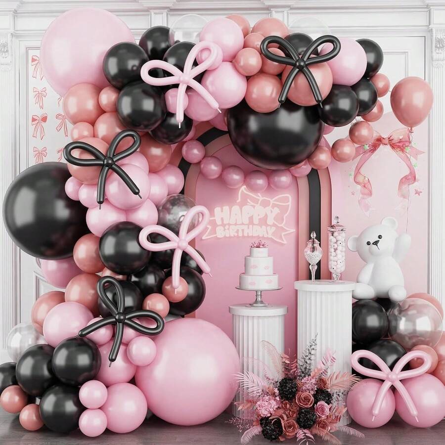 Pink And Black Balloon Arch Kit,118Pcs Retro Dirty Pink Black Clear Balloons Garland Different Sizes For Girls Women Birthday Wedding Baby Bridal Shower Party Decorations - Multicolor - View 1