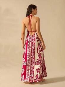 Women's Casual Summer Beach Dress With A Tropical Boho Print Of Flowers And Palm Trees And Thin Straps With Drawstring. - 鮮紅色 - 查看 4