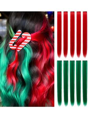 طقم تمديدات شعر بمشابك طول 20 بوصة، 10 قطع/عبوة، باللون الأحمر والأخضر والأزرق والبرتقالي والأبيض والأزرق والأخضر والوردي، ألوان متنوعة مثالية للنساء والرجال للاستخدام اليومي والكوسبلاي والحفلات وعيد الهالوين والكريسماس ورأس السنة - إكسسوارات شعر مميزة للجميع