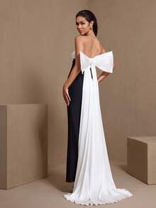 Black & White Patchwork Strapless High Slit Dress