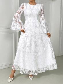 女士提花休闲派对连衣裙，白色婚礼宾客礼服，阿拉伯风格连衣裙，情人节连衣裙，优雅派对连衣裙，生日连衣裙，度假装，春假装 - 白色 - 查看 3