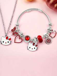 一套猫咪项链和手链套装 - 采用珐琅和水钻蝴蝶以及镂空心形吊坠设计，是送给女孩和青少年的可爱礼物 - 彩色 - 查看 14