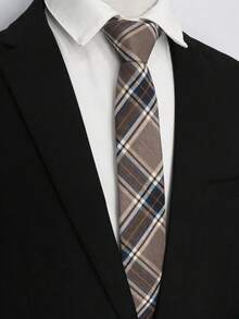 1条男士时尚条纹格子领带，百搭商务风格 - 棕色 - 查看 2