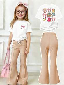 少女蝴蝶结卡通印花短袖上衣和喇叭裤套装 - 白色 - 查看 1