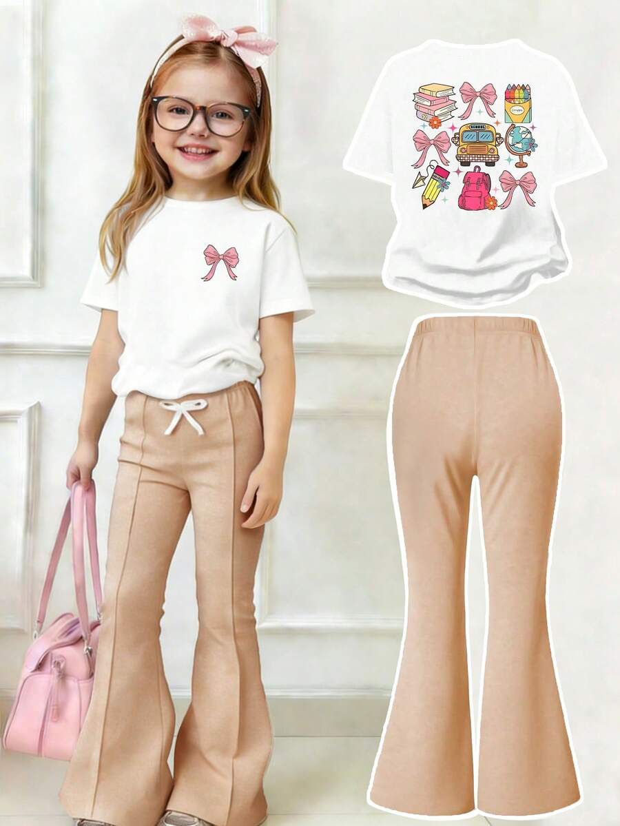 少女蝴蝶结卡通印花短袖上衣和喇叭裤套装 - 白色 - 查看 1