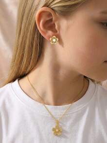 2pcs/Set Fashionable Cubic Zirconia Flower Necklace And Earrings, Suitable For Children Girls Party, Casual Wear, And Birthday Gift