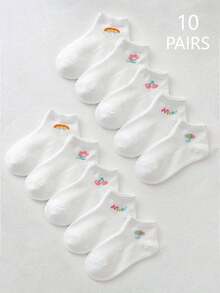 10 Pairs Spring/Summer Kids/Children White Short Socks, Cute Cartoon Designs Of Rainbow, Cherry, Letter, Flower, Umbrella, Simple Fresh Casual Breathable Comfortable Versatile Mesh Socks, Classic Soft Skin-Friendly Sweat-Absorbent Sports Socks, Suitable For Casual, Sports, Outdoor, School Outfits - White - View 1