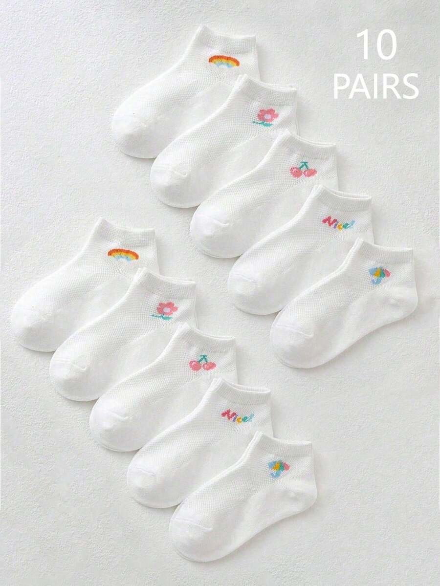 10 Pairs Spring/Summer Kids/Children White Short Socks, Cute Cartoon Designs Of Rainbow, Cherry, Letter, Flower, Umbrella, Simple Fresh Casual Breathable Comfortable Versatile Mesh Socks, Classic Soft Skin-Friendly Sweat-Absorbent Sports Socks, Suitable For Casual, Sports, Outdoor, School Outfits - White - View 1
