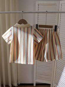 2pcs Young Boy Fashionable & Cute Set, Striped Polo Shirt + Matching Solid Shorts - Apricot - View 2