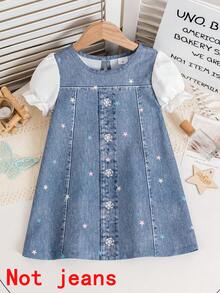 1pc Girls Casual Star Pattern Soft & Comfortable Woven Fabric Faux Denim Puff Sleeve Dress, Suitable For Outdoor Wear, Spring/Summer - Blue - View 1
