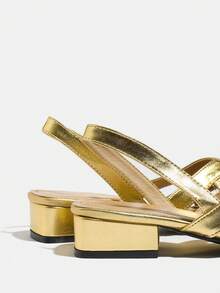 Giày bệt nữ mũi nhọn, quai chéo, gót chunky thấp, màu vàng đồng khoét rỗng. - Vàng - Xem 8