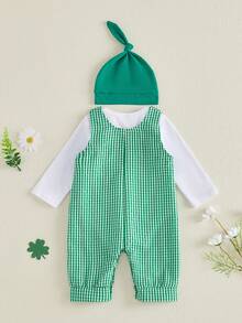 Conjunto de primavera para bebé niño de Irish Day, mono liso de manga larga con estampado de trébol a cuadros, pantalones y gorro anudado, conjunto de 3 piezas, ropa sencilla para festivales de ocio, ideal para 0 a 18 meses - Verde - Ver 7