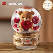 2D Flat Design, 1pc Rotating Snow Globe Desktop Decor With Plush Teddy Bear, Red Heart & Rose Pattern - 360 Degree Rotating Acrylic Dome With Glass Base, Gold Base, Suitable For Home, Office, Wedding, Valentine's Day Gift - Indoor/Outdoor Decoration, Romantic Souvenir, 2D Flat Design - Multicolor - View 4