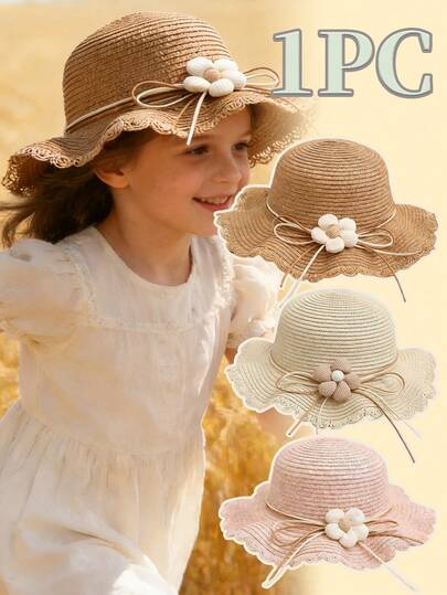 儿童花卉装饰遮阳帽，透气轻便，清新甜美，适合夏季户外活动和海滩。