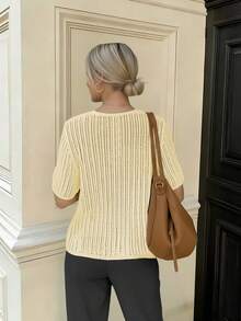 大码女装夏季新款宽松休闲镂空前系带针织开衫简约低胸短袖钩针网眼防晒上衣 - 杏色 - 查看 4