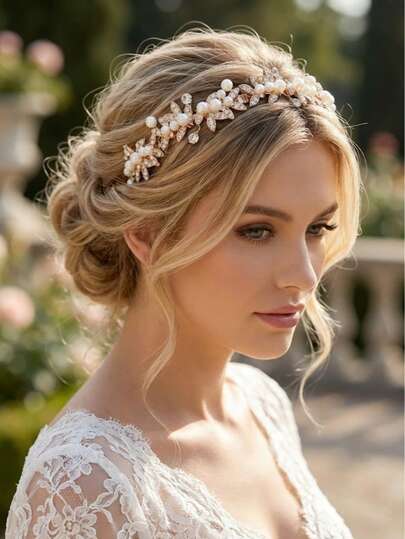 1pc Gold Tone Rhinestone Leaf & Faux Pearl Decor Headband, Boho Bridal Hair Hoop For Wedding Valentine's Day Accessories