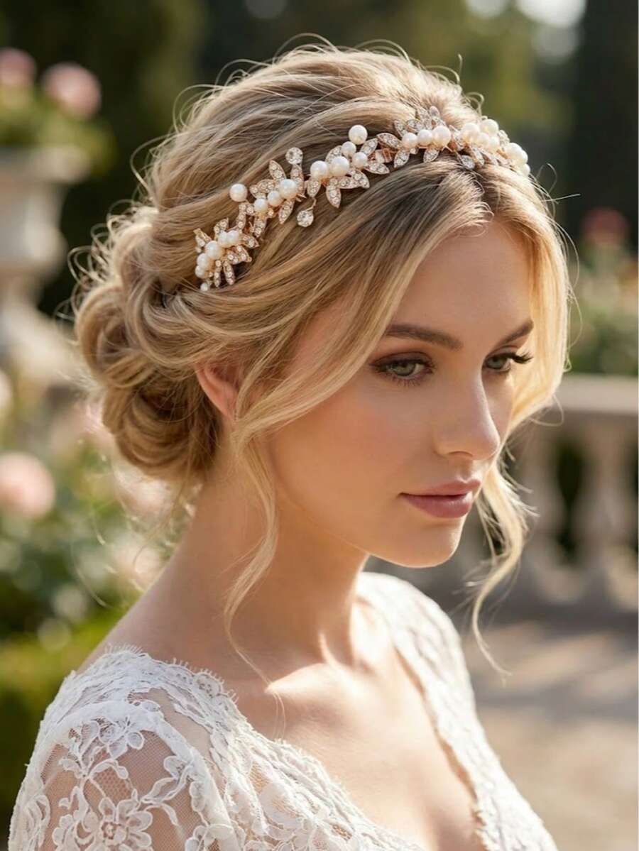 1pc Gold Crystal Leaf & Faux Pearl Decor Headband, Bohemian Style Bridal Wedding Headpiece