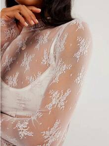Women's Sheer Lace Mesh Top, Fashionable Slim Fit Long Sleeve Faux Collar Floral Blouse, Casual Outing T-Shirt - 白色 - 查看 2