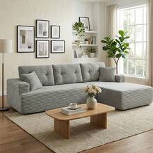 El chaise longue de la izquierda es un sofá modular en forma de L, cómodo y plegable. Presenta un diseño moderno y minimalista de pana y se convierte en cama, ideal para dormitorios. - Gris - Ver 2