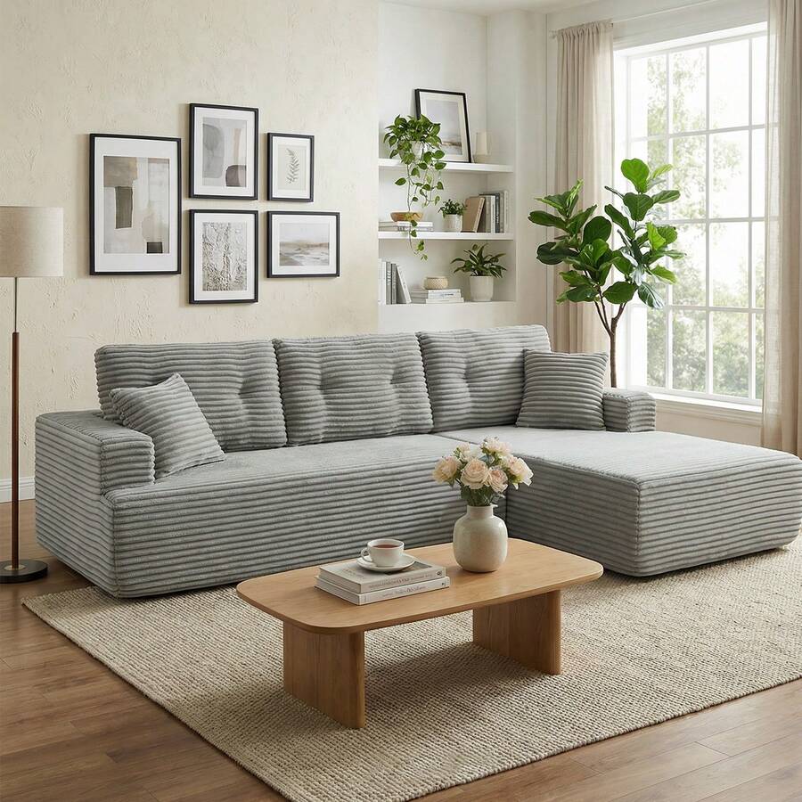 El chaise longue de la izquierda es un sofá modular en forma de L, cómodo y plegable. Presenta un diseño moderno y minimalista de pana y se convierte en cama, ideal para dormitorios.