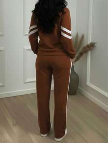 2pcs Women's Striped Print Long Sleeve Brown Top Jacket And Casual Straight Leg Pants Set, Elastic Fabric, Suitable For Spring Casual Wear - Brown - View 5