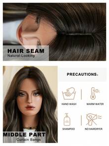7JHH WIGS Dark Brown Mix Blonde Highlights Wig Long Loose Wavy Wig Middle Part With Curtain Bangs Natural Looking Synthetic Heat Resistant Fiber Hair Wigs For Women Daily Party Rave Use 26 Inch - Làm nổi bật tóc vàng - Xem 7