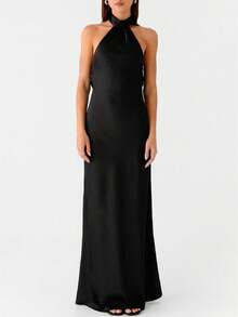 Women Scarf Maxi Dress Silk Halter Neck Tie Up Backless Bodycon Dress Cowl Back Draped Party Wedding Guest Cocktail Dresses With Neck Scarf - 黑色 - 查看 1