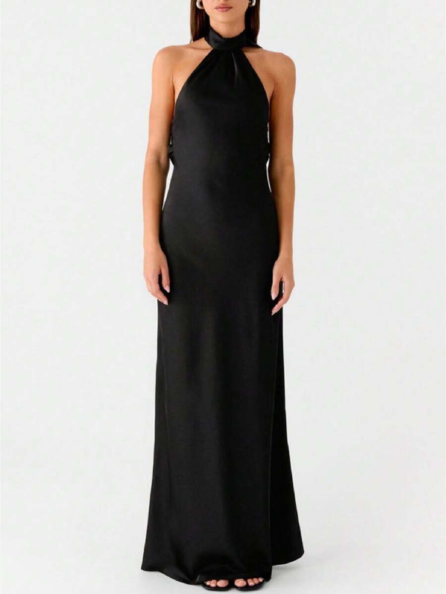 Women Scarf Maxi Dress Silk Halter Neck Tie Up Backless Bodycon Dress Cowl Back Draped Party Wedding Guest Cocktail Dresses With Neck Scarf - 黑色 - 查看 1