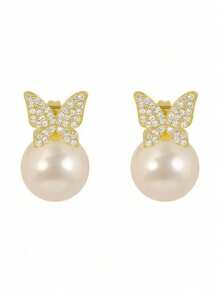 1 Pair Rhinestone Butterfly Faux Pearl Stud Earrings, Elegant Minimalist Unique Design Earrings, Suitable As Birthday, Holiday, Mother's Day Gift For Girls - One-size - View 3