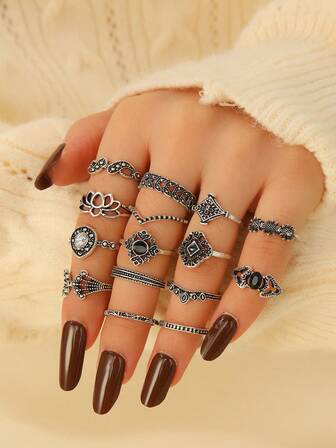 15pcs Vintage Lotus Flower Open Ring Set, Exquisite Luxury Jewelry Accessories, Suitable For Women's Daily And Party Wear, Gift