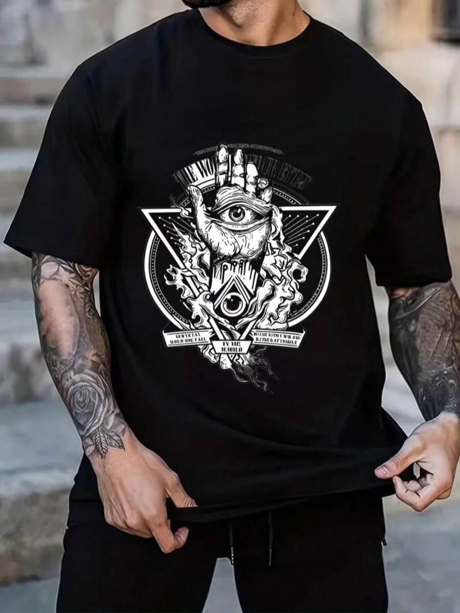 Must-Have White Cotton T-Shirt With Mysterious Triangular Pattern - 黑色 - View 1
