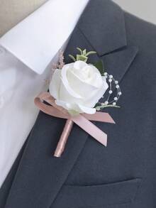 1枚新郎/伴郎胸花，仿真玫瑰胸针，优雅男士西装胸花，适合正式场合（白色、香槟色、红色、浅珊瑚色、玫瑰棕色）情人节配饰 - Boutonniere - 查看 19