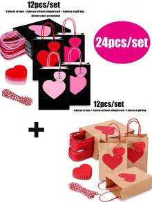 24/12/6/3pcs Valentine's Day Kraft Paper Gift Bags With Red Heart Tags, Heart-Shaped Valentine's Gift Bags, Black And Pink Design, Red And Pink Paper Party Bags With Handles, Anniversary Surprise Gift Bags, Foldable Shopping Bags And Valentine's Party Bags, Holiday Decorations, Shopping Bags, Romantic Occasion Gift Bags, Wedding Party Gift Bags, Handmade Tote Bags For Mother's Day, Valentine's Day, Birthday And Love Occasions - Multicolor - View 17