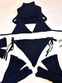 Sexy Cutout Knit Bikini Sweater Cosplay Set For Women – High Neck Anime-Inspired Doll Style Costume, 7-Piece Outfit With Top, Bikini, Gloves, Socks & Garter - 黑色 - 查看 11